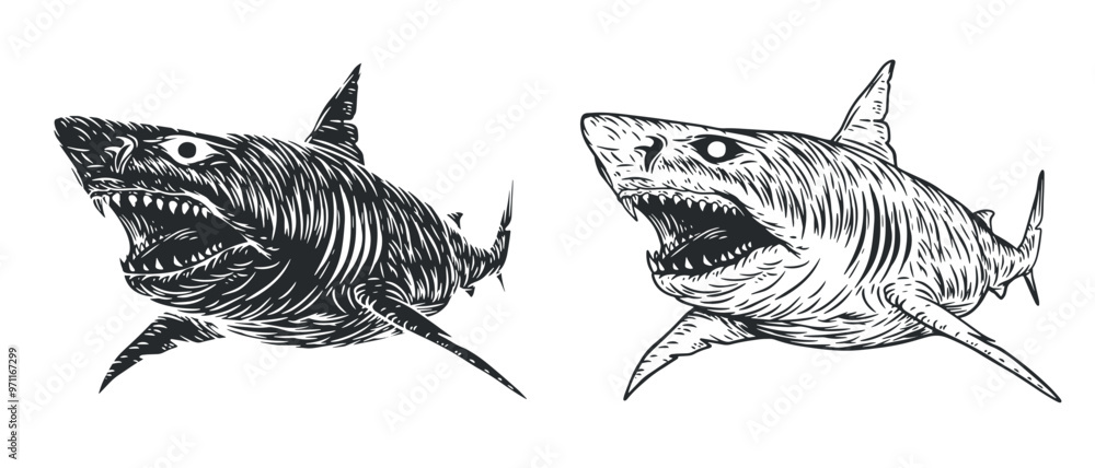 Angry shark in hand drawn sketch style. Monochrome silhouette fish for tattoo, print, branding. Vector illustration. Angry shark in hand drawn sketch style. Monochrome silhouette fish for tattoo, print, branding. Vector illustration.