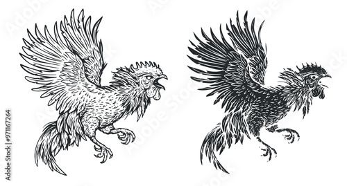 Angry fighting rooster in hand drawn sketch style. Monochrome silhouette bird for tattoo, print, branding. Vector illustration.