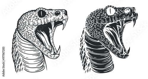 Angry snake head in hand drawn sketch style. Monochrome silhouette animal for tattoo, print, branding. Vector illustration.