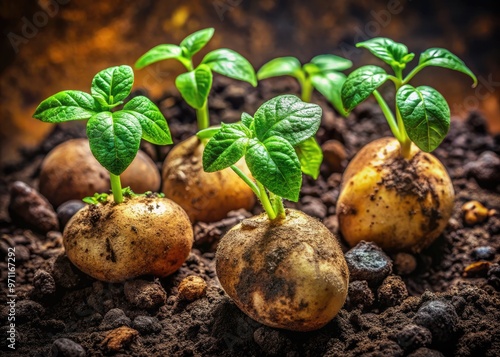 Vibrant green sprouts burst forth from weathered potatoes, surrounded by rich soil and decaying leaves, symbolizing rebirth and the cyclical nature of growth. photo