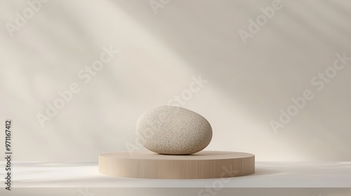 A smooth, textured stone sits atop a circular wooden platform against a soft, neutral backdrop.