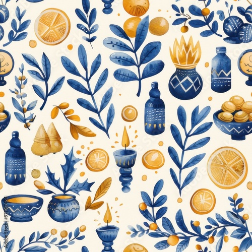 Seamless Hanukkah Holiday Pattern with Dreidels, Menorahs, Coins, and Olive Branches

