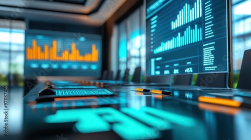 Corporate meeting room with charts and graphs focused on carbon offset investments   business sustainability strategy, carbon credit market