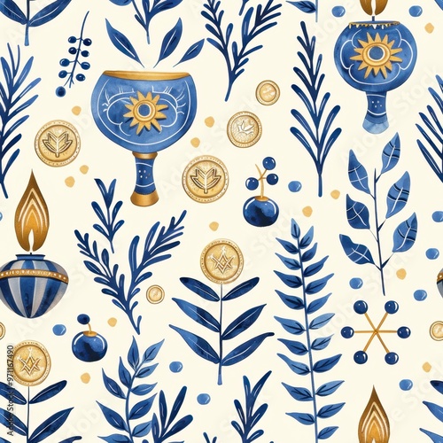 Seamless Hanukkah Holiday Pattern with Dreidels, Menorahs, Coins, and Olive Branches

