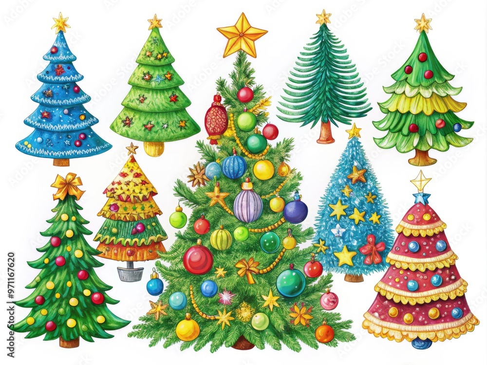 Vibrant, hand-drawn Christmas tree illustrations in various shapes, sizes, and decorations, set against a white background, perfect for festive holiday designs and seasonal graphics. Vibrant, hand-drawn Christmas tree illustrations in various shapes, sizes, and decorations, set against a white background, perfect for festive holiday designs and seasonal graphics.