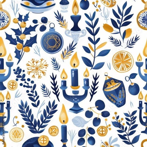 Seamless Hanukkah Holiday Pattern with Dreidels, Menorahs, Coins, and Olive Branches

