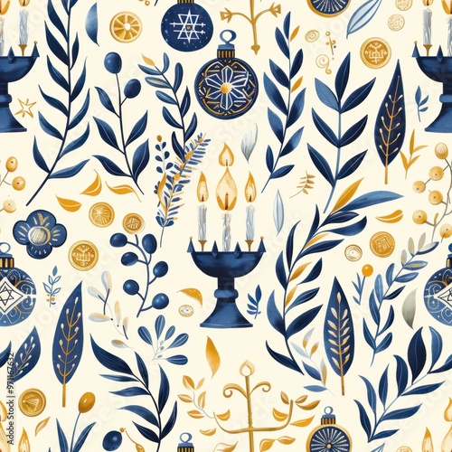 Seamless Hanukkah Holiday Pattern with Dreidels, Menorahs, Coins, and Olive Branches

