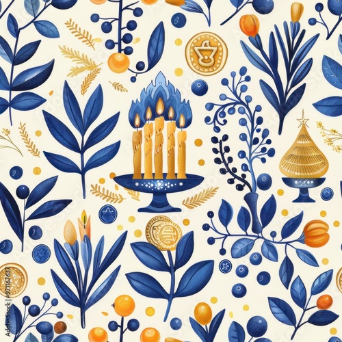Seamless Hanukkah Holiday Pattern with Dreidels, Menorahs, Coins, and Olive Branches

