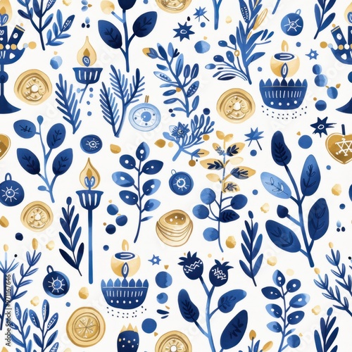 Seamless Hanukkah Holiday Pattern with Dreidels, Menorahs, Coins, and Olive Branches

