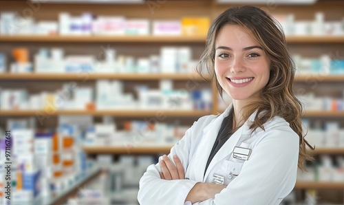 A smiling woman in a lab coat stands confidently in a pharmacy filled with various products.