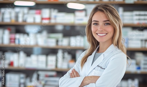 A smiling woman in a lab coat stands confidently in a pharmacy with shelves of products.