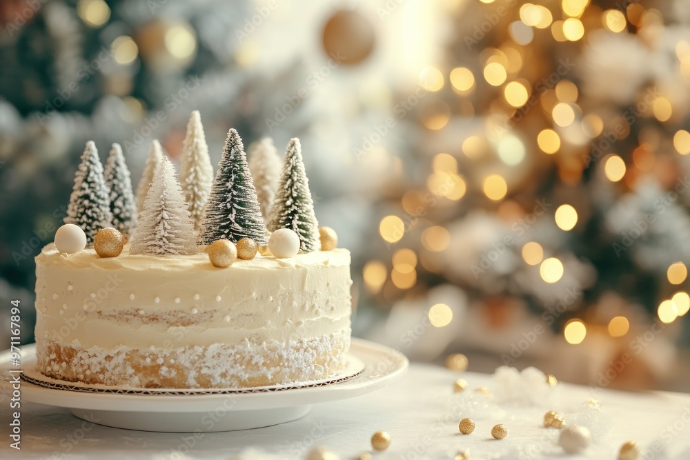 Fototapeta premium Festive Christmas Cake with Miniature Trees and Gold Ornaments