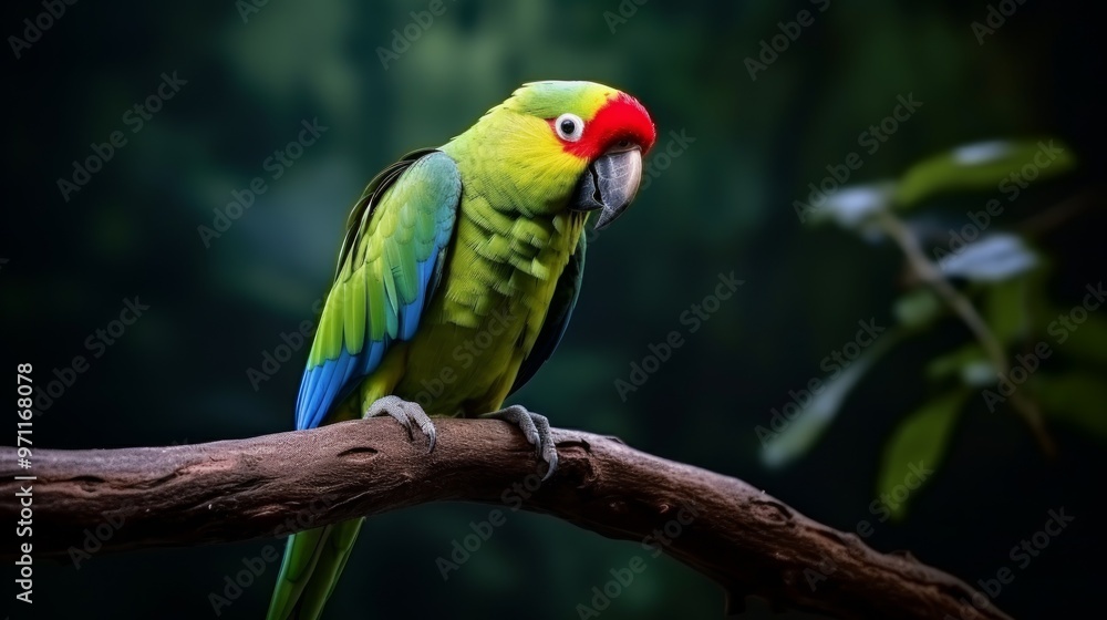 A vibrant green parrot with a red head perched on a branch, looking down with a curious expression. A vibrant green parrot with a red head perched on a branch, looking down with a curious expression.