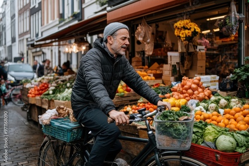 An older man rides his bicycle through a vibrant open-air market, surrounded by stalls of fresh fruits and vegetables, symbolizing a healthy and active lifestyle.