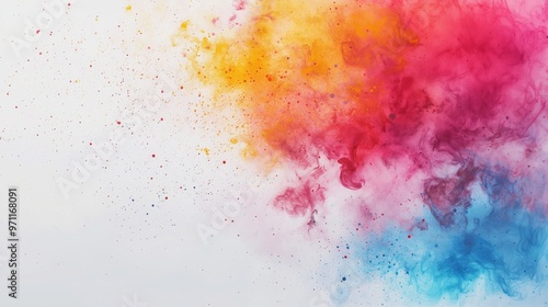 The image features an abstract splash of colors blending seamlessly from red and pink hues on the left to vibrant orange and yellow tones on the right, fading into light blue towards the bottom.