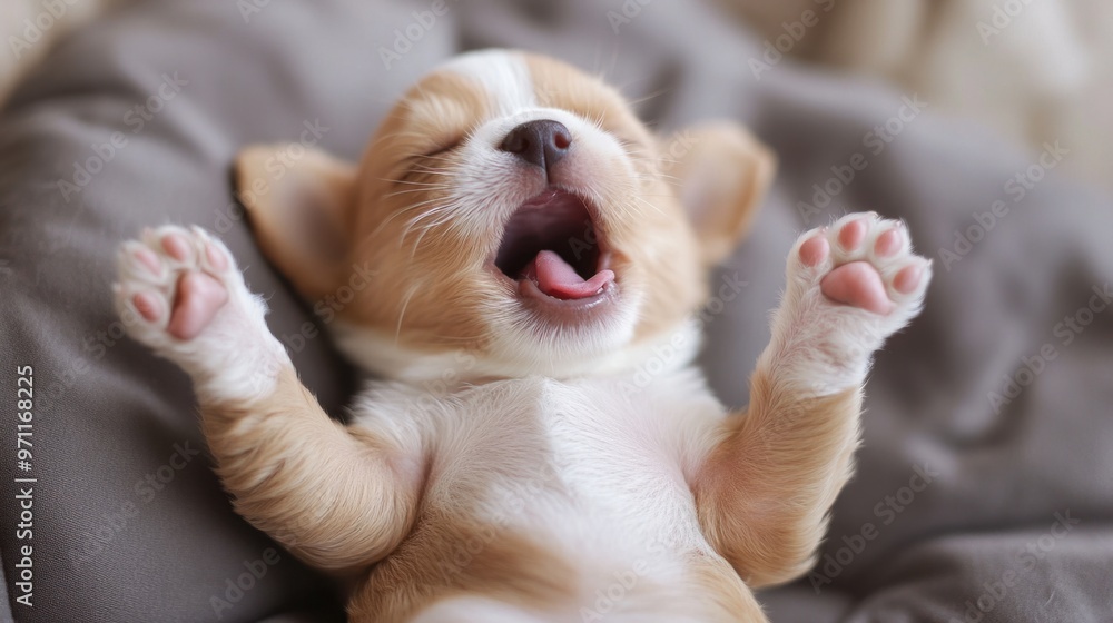 A sleepy puppy yawning while lying on its back, paws up in the air, looking adorable and relaxed A sleepy puppy yawning while lying on its back, paws up in the air, looking adorable and relaxed