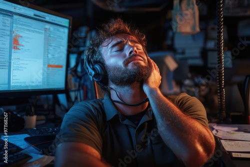 A man in a dark office is showing stress while working late at night with headphones on, surrounded by multiple screens, papers, and clutter in a dim-lit room. photo