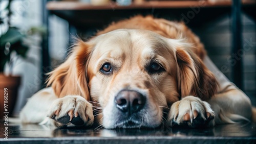 Close up photo of golden retriever dog covering both eyes with paws 