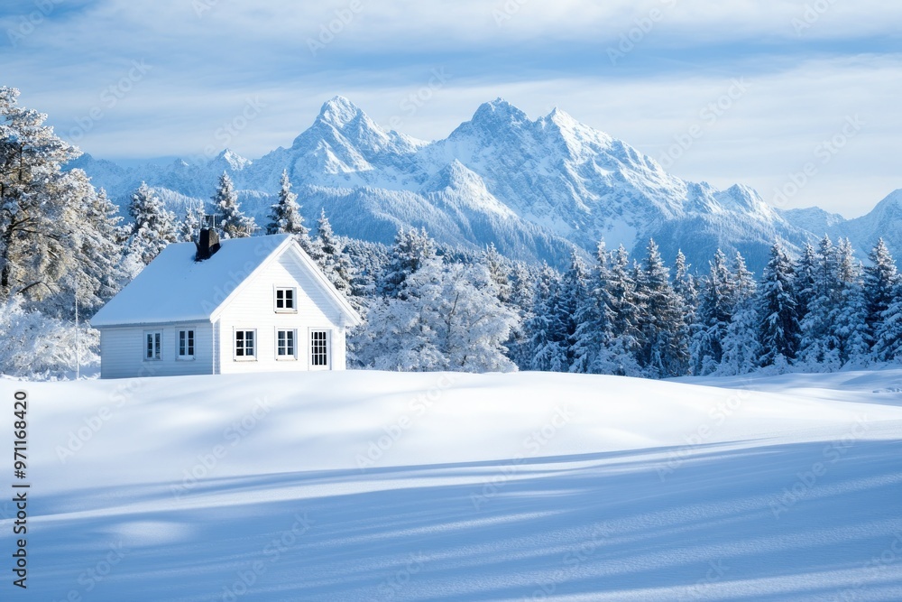 White Cabin Nestled in a Snowy Mountain Valley White Cabin Nestled in a Snowy Mountain Valley