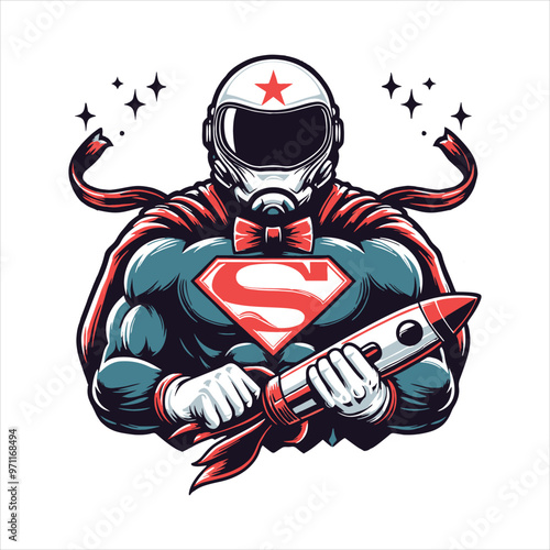 Superhero Astronaut Holding a Rocket – Heroic Space Vector Art Illustration
