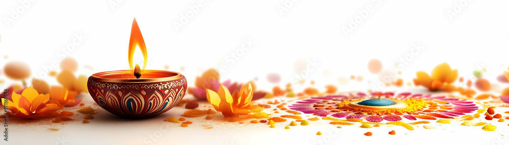 Diwali Lantern and Floating Rangoli Elements with Glowing Accents on White Background - Festive Artistry Concept for Celebrating Diwali Diwali Lantern and Floating Rangoli Elements with Glowing Accents on White Background - Festive Artistry Concept for Celebrating Diwali
