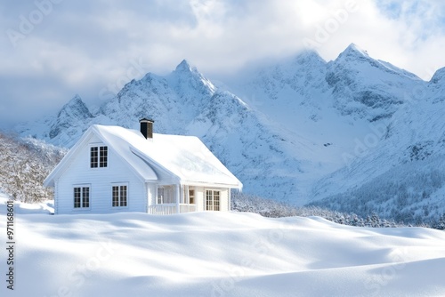 White Cabin nestled amidst snow-covered mountain peaks