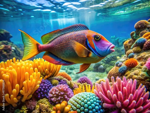 Vibrant humuhumunukunukuapua'a fish swim in the clear turquoise waters of a coral reef, surrounded by seaweed and colorful sea anemones in a tropical Hawaiian setting. photo