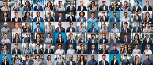 Collage of diverse work colleagues wearing business attire. People of different ages, ethnicities, nationalities, and cultures. International employees, video call screen, header or banner.