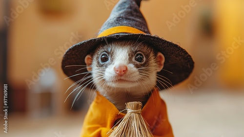 Ferret dressed as a witch with a pointy hat and small broom, witch ferret, playful Halloween pet photo