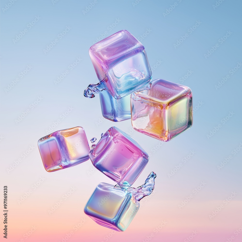 A futuristic composition with translucent, iridescent 3D cubes stacked and interlocking in mid-air A futuristic composition with translucent, iridescent 3D cubes stacked and interlocking in mid-air