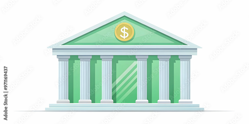 Flat Isolated Vector Illustration of a Modern Bank Building with Floating Dollar Sign - Emphasizing Financial Security, Profits, and Wealth Management Flat Isolated Vector Illustration of a Modern Bank Building with Floating Dollar Sign - Emphasizing Financial Security, Profits, and Wealth Management