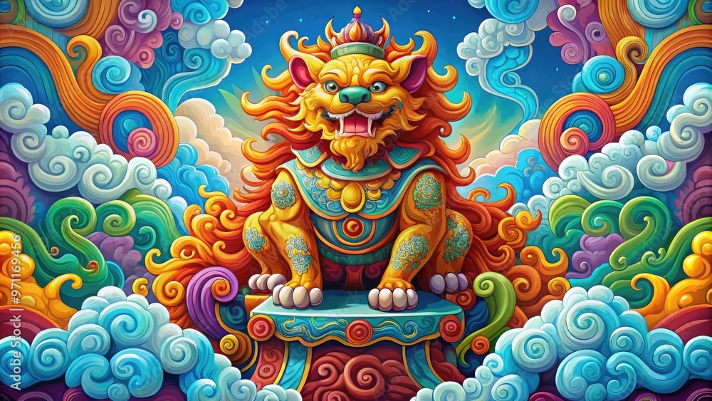Vibrant illustration of a happy foo dog sitting on a colorful throne, surrounded by ornate patterns and swirling clouds, exuding ancient Chinese cultural heritage. Vibrant illustration of a happy foo dog sitting on a colorful throne, surrounded by ornate patterns and swirling clouds, exuding ancient Chinese cultural heritage.