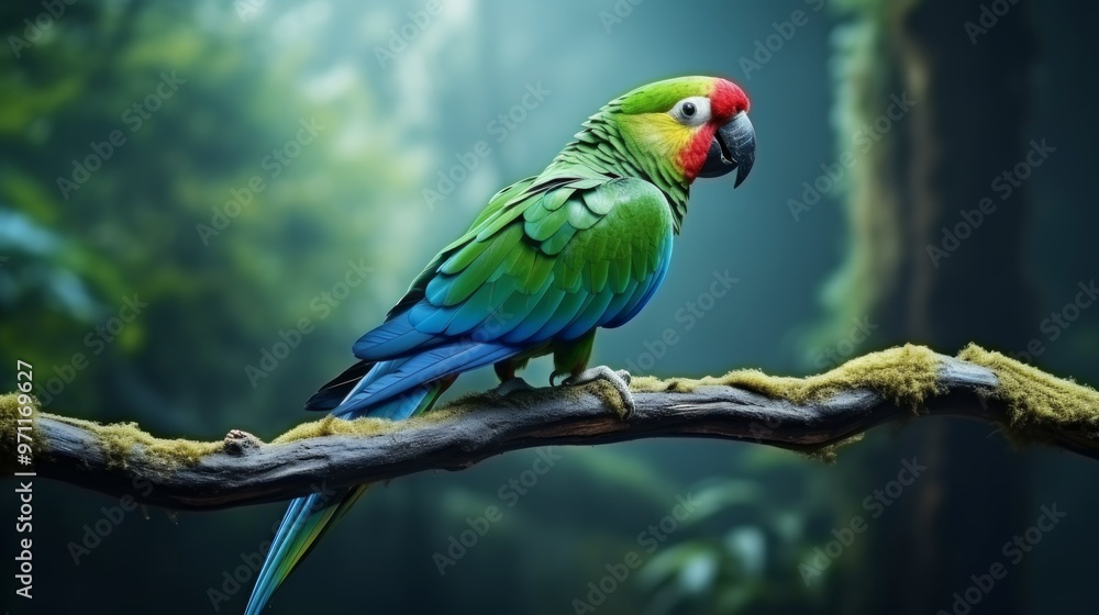 Obraz premium A vibrant green, blue, and red parrot perched on a moss-covered branch in a lush forest setting.