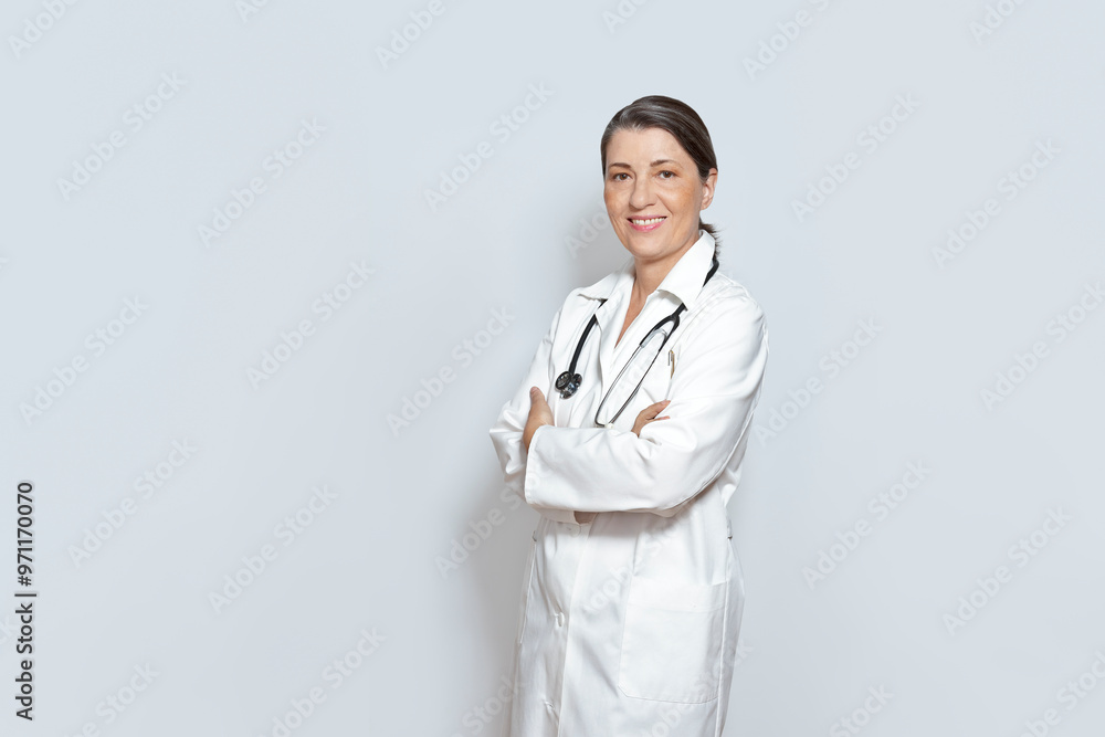 Older female doctor in a white lab coat, smiling friendly, on neutral gray or grey background, copy or text space. Older female doctor in a white lab coat, smiling friendly, on neutral gray or grey background, copy or text space.