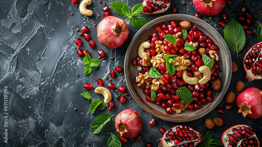 Pomegranate with seeds in bowl with nuts Pomegranate with seeds in bowl with nuts