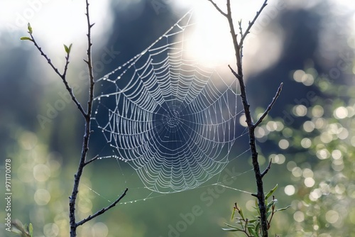 Wallpaper Mural Dew-covered spider web glistening between two branches at dawn. Torontodigital.ca