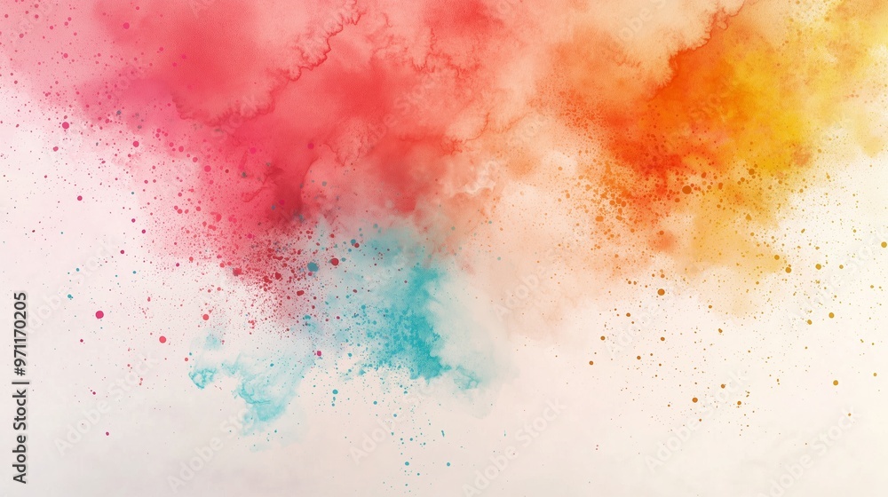 Obraz premium The image features an abstract splash of colors blending seamlessly from red and pink hues on the left to vibrant orange and yellow tones on the right, fading into light blue towards the bottom