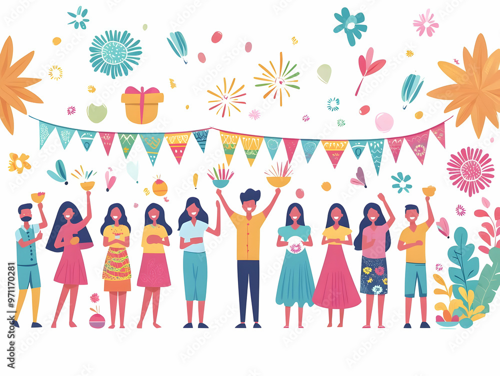 Vibrant Flat Vector Illustration of a Cultural Festival: Participants Dancing, Cooking, and Creating Rangoli in a Lively Atmosphere with Sparklers Vibrant Flat Vector Illustration of a Cultural Festival: Participants Dancing, Cooking, and Creating Rangoli in a Lively Atmosphere with Sparklers
