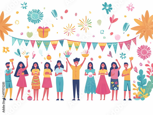 Vibrant Flat Vector Illustration of a Cultural Festival: Participants Dancing, Cooking, and Creating Rangoli in a Lively Atmosphere with Sparklers