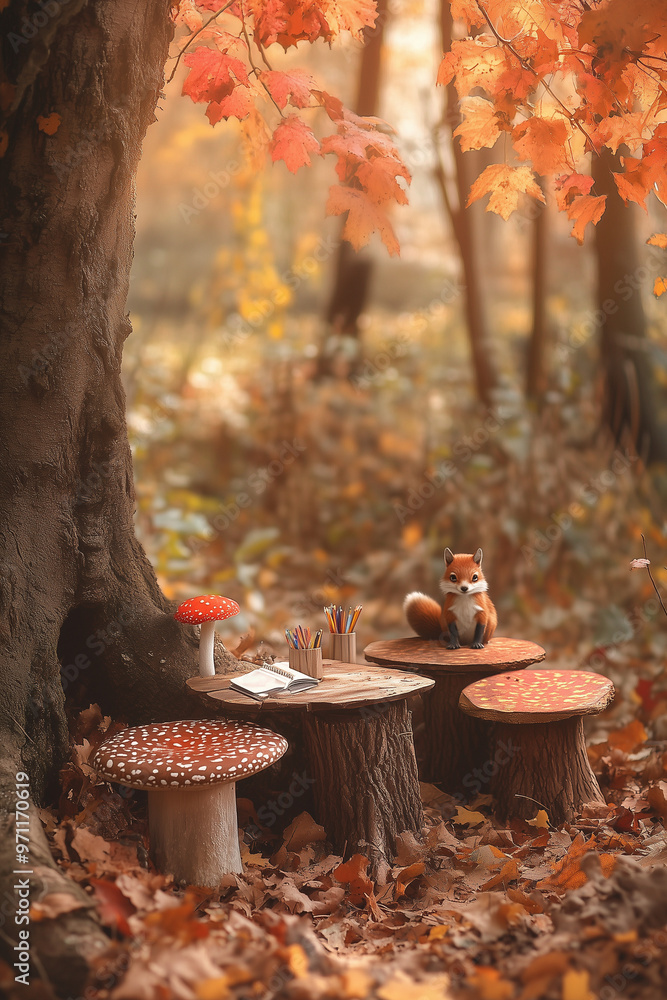 Young fox attending school in nature in autumn forest. Surreal and whimsical children's education and back to school concept.