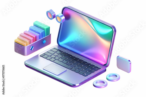 Holographic Laptop on Glossy Surface with Floating Payment Icons & Large Copy Space for Business Content - Modern Tech Concept