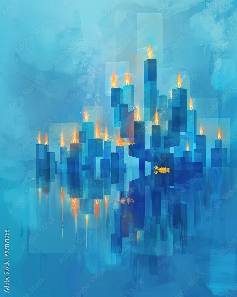 Modern Hanukkah Scene with Geometric Menorah and Blue Candles
Modern Hanukkah Scene with Geometric Menorah and Blue Candles