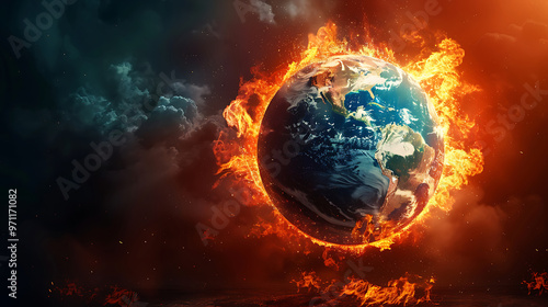 Fototapeta Naklejka Na Ścianę i Meble -  Burning earth globe with burning flames and dark smoky background depicting global warming and climate change concept. HD IMAGE
