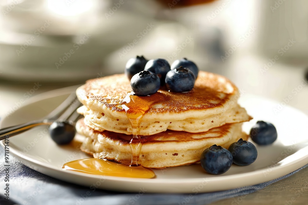 A stack of fluffy pancakes topped with blueberries and drizzled with syrup on a plate. A stack of fluffy pancakes topped with blueberries and drizzled with syrup on a plate.