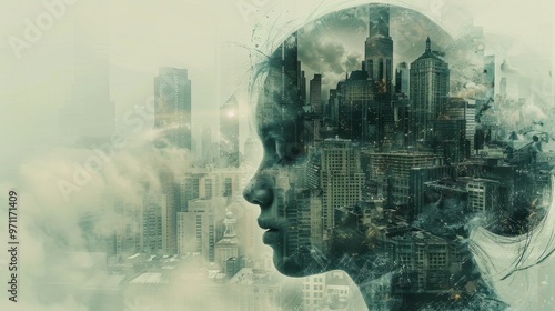 Double Exposure of Person with Crumbling Cityscape Reflecting Nihilism

