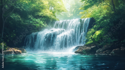 A serene waterfall cascading into a tranquil pool surrounded by lush greenery, dappled sunlight filtering through the trees, creating a peaceful nature scene.