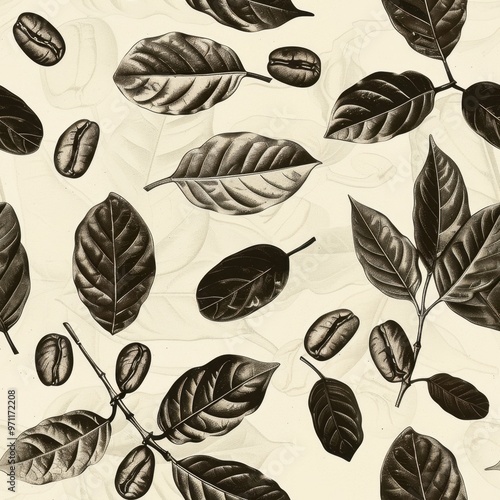 Seamless Coffee Cup Pattern with Coffee Beans and Plant Leaves

