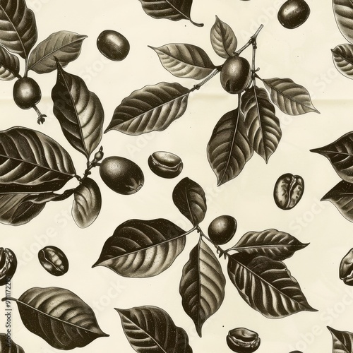 Seamless Coffee Cup Pattern with Coffee Beans and Plant Leaves

