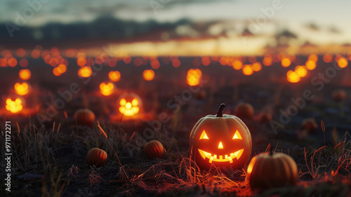 Glowing jack-o'-lanterns in a pumpkin field at dusk photo