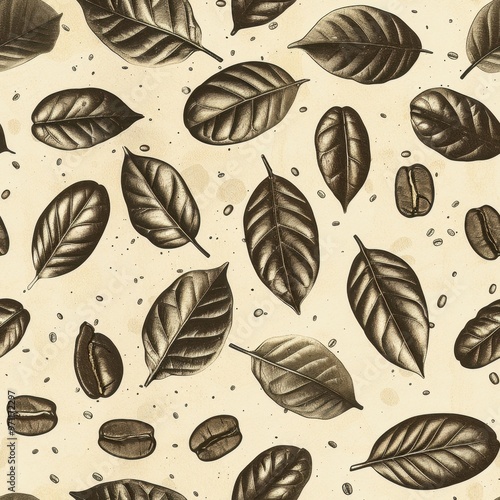 Seamless Coffee Cup Pattern with Coffee Beans and Plant Leaves

